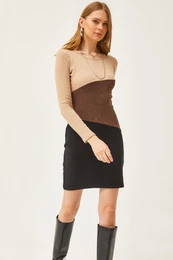 Women's Stone Brown Black Color Block Raised Mini Dress
