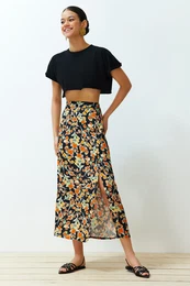 Multicolored Viscose Fabric Floral Patterned Slit Midi Woven Skirt