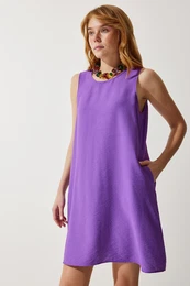 Happiness stanbul Women's Purple Sleeveless Linen Viscose Bell Dress