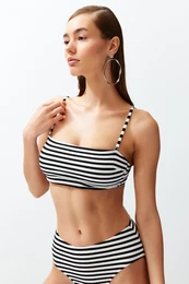 Black-White Striped Strapless Textured Core Bikini Top