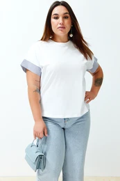 Curve White Oversize Striped Poplin Fabric Detail on the Sleeve 100% Cotton Knitted Plus Size T-Shirt