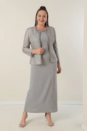 By Sayg Long Crepe Dress with Stones and Lined Collar, Sequin Jacket Plus Size 2-Piece Suit