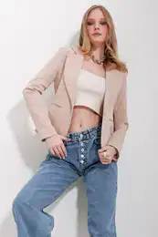 Women's Beige Inner Lined One Button Jacket