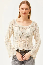 Women's Ecru Patch Patterned Cotton Knitwear Blouse