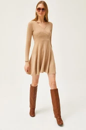 Women's Stone Double-Breasted Collar Raised Mini Dress
