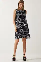 Happiness stanbul Women's Vivid Black Patterned Summer Bell Dress