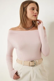 Happiness stanbul Women's Powder Boat Neck Knitted Blouse