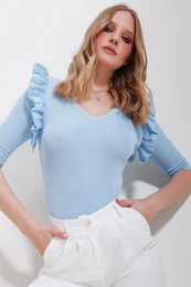 Trend Alaat Stili Women's Blue V-Neck Frilly Knitwear Blouse