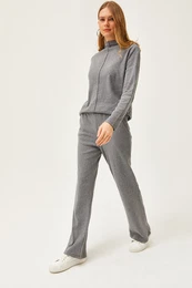 Women's Smoky Bottom Pocket Trousers Top High Neck Blouse Raised Suit