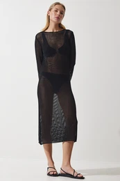 Happiness stanbul Women's Black Openwork Transparent Long Knitwear Dress