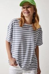 Happiness stanbul Women's Gray Crew Neck Striped Oversize Knitted T-Shirt