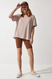 Happiness stanbul Women's Biscuit Crew Neck Striped Oversize Knitted T-Shirt