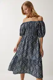Happiness stanbul Women's Navy Blue Cream Patterned Summer Woven Dress