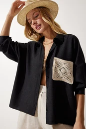 Happiness stanbul Women's Black Lace Detailed Linen Shirt