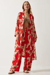 Happiness stanbul Women's Orange Beige Patterned Viscose Kimono Palazzo Pants Suit