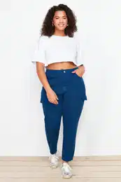 Curve Dark Blue Cargo Pocket Detailed Mom Fit Jeans