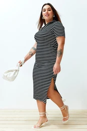 Curve Black-White Striped Polo Neck Knitted Dress