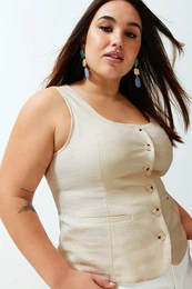 Curve Beige Square Neck Linen Look Vest