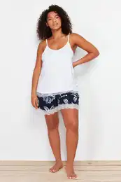 Curve Navy Blue Floral Strappy Lace Detailed Knitted Pajamas Set