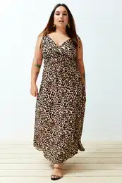 Curve Camel Maxi/Long Slit Summer Leopard Patterned Woven Dress