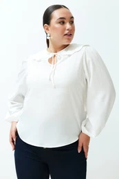 Curve Ecru Baby Collar Woven Blouse