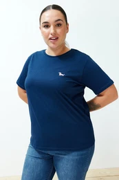 Curve Navy Blue Embroidery Detailed Basic 100% Cotton Knitted T-shirt