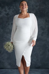 Curve White Long Sleeve Slit Woven Plus Size Bridal/Elegant/Evening/Wedding Dress