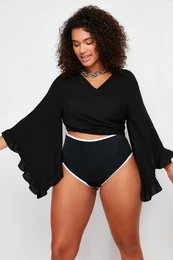 Curve Black Crop Sleeve Ruffle Flounce Double Breasted Neck Beach Wear Blouse