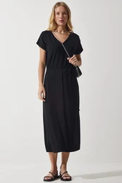 Happiness stanbul Women's Black Belted V Neck Viscose Dress