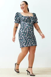 Curve Multicolored Floral Balloon Sleeve Mini/Short Length Woven Dress
