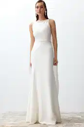 Bridal White Pearl Detailed Woven Wedding/Wedding Long Evening Evening Dress