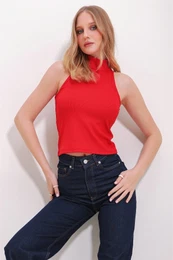 Trend Alaat Stili Women's Red High Collar Barbell Sleeve Camisole Blouse