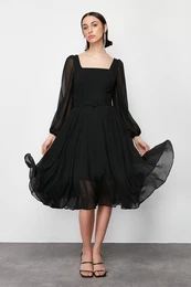 Black Woven Tulle Elegant Evening Dress
