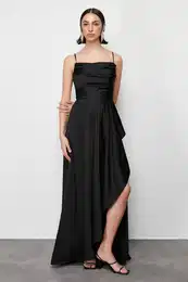 Black Draped Woven Satin Long Evening Evening Dress