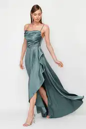 Blue Woven Satin Long Elegant Evening Dress