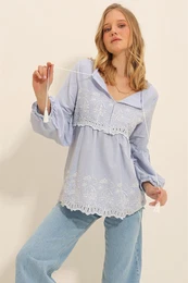 Trend Alaat Stili Women's Baby Blue Front Embroidered Collar Tasseled Balloon Sleeve Woven Blouse