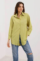 20217 Pocket Detailed Striped Oversize Shirt - Green