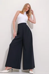 Trend Alaat Stili Women's Navy Blue High Waist Side Zipper Wide Leg Woven Trousers