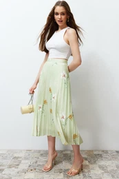 Multi Color Floral Pattern Pleated Satin Fabric Maxi Length Woven Skirt