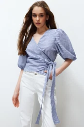 Multi Color Striped Double Breasted Tie Detail See-through Woven Blouse