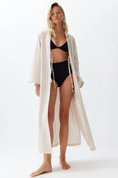 Striped Belted Maxi Woven Tie-Up Linen Blend 100% Cotton Kimono&Kaftan