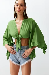 Green Crop Woven Tied Beach Blouse