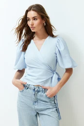 Blue Double Breasted Tie Detailed Woven Blouse