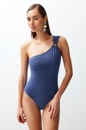 Navy Blue One-Shoulder Accessory Silvery Regular Swimsuit