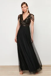 Black Tulle Sequined Long Elegant Evening Dress