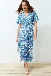 Blue Floral Double Breasted Viscose Midi Woven Dress