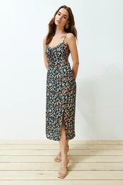 Black Floral Print Straight Cut Slit Detail Viscose Midi Woven Dress