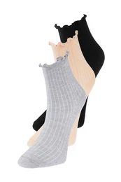 3-Pack Black-Grey-Beige Cotton Elastic Mouth Lettuce Detailed Knitted Socks