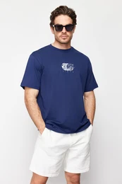 Navy Blue Relaxed/Casual Cut Printed 100% Cotton T-Shirt