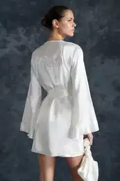Bride White Belted Flounce and Back Embroidery Detailed Satin Woven Dressing Gown with Gift Bag